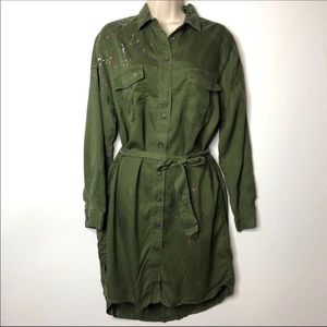 Zara-Olive green button up dress w/paint splatter.